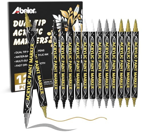 ABEIER Acrylic Paint Pens 12PCS Gold, Silver, White, Black, Dual Tip Metallic Markers,Quick Drying Acrylic Pens For Rock, Wood, Glass, Fabric, Canvas, Ceramic, Metal