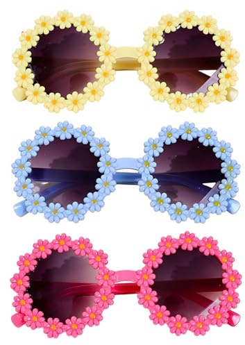 TPZORJX 3 PCS Lunettes De Soleil Marguerite, Lunettes De Fête Fleur, lunette fleur,Lunettes Rétro à Fleurs, Lunette Rigolote, lunettes de soleil femme,Convient aux enfants (jaune+bleu+rose rouge)