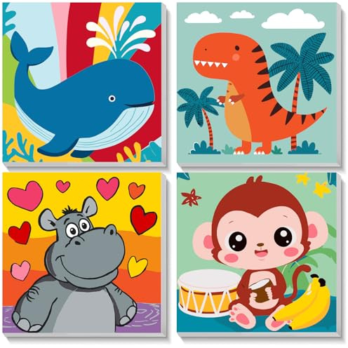 NEWENMO 4-pack Måla efter Nummer Djur med Ram, Val Dinosaurie Flodhäst Apa Mönster på Canvas, Måla efter Nummer-set, DIY Akryl-oljemålning för Hemdekoration 20x20cm