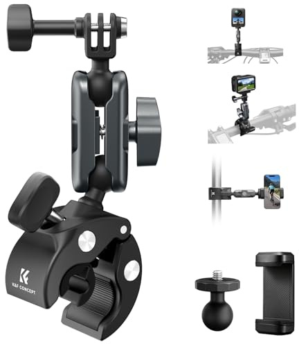 K&F CONCEPT Super Clamp Camera Mount with 360° Dual Ball Head, Bike/Motorcycle Handlebar Mount Compatible with DJI Action 6/5/4/3, Hero 13/12/11/10, 360 X5 X4