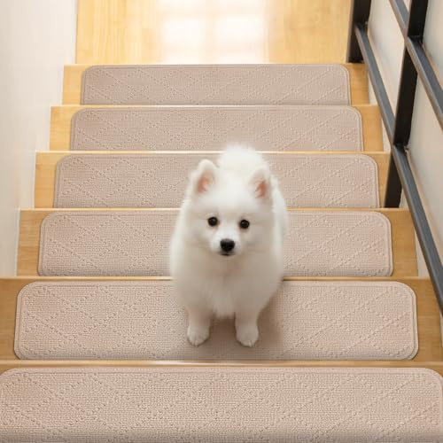 Homwiz Alfombrillas para Escaleras Antideslizantes 76x20cm, 15 Alfombrillas Autoadhesivas Escalones Interiores, Recortables y Reutilizables - Protección para Mascotas, Mayores, Niños (Crema Beige)