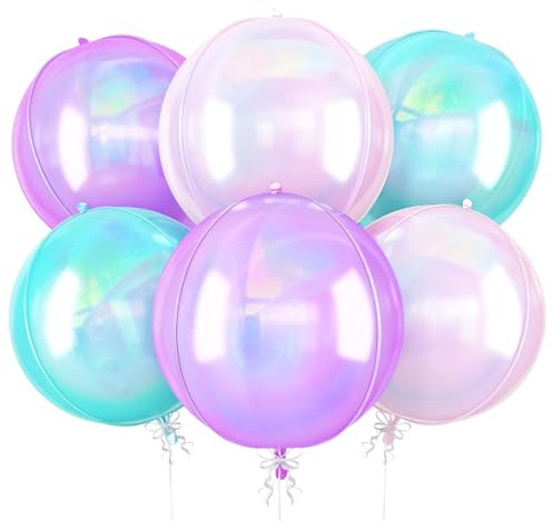 Iridescent Round Foil Balloons, 6 Pcs 4D Clear Ball Balloon, 22 Inch Transparent Gradient Pink Purple Teal Holographic Balloons for Birthday Folding Rainbow Under The Sea Mermaid Party Decoration
