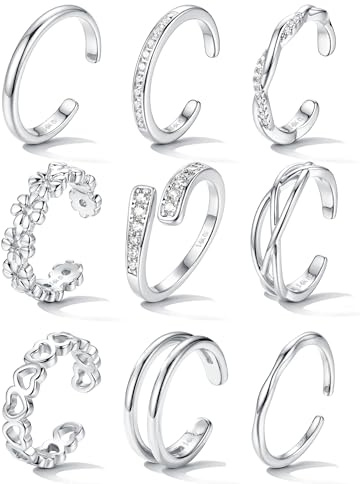 JeweBella 9 PCS Non Tarnish Toe Rings for Women Silver Gold Adjustable | Waterproof open toe ring set, 14k gold plated, cubic zirconia daisy flower heart stacking rings, summer beach foot jewellery