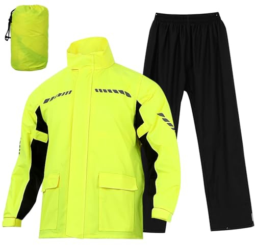 iplusmile Tuta Antipioggia da Uomo per Moto in Nailon con Design Riflettente, Pantaloni e Giacca Gialli con Copriscarpe Impermeabili per Pioggia Intensa e Sicurezza Notturna