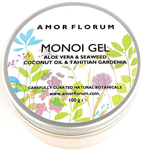 99% Natural GEL MONOI GEL DE ALOE Y ALGAS CON ACEITE DE COCO Y GARDENIA TAHITIANA-100g-de AMOR FLORUM. Hidrata, Nutre la Piel, Cuero Cabelludo, las Uñas y el Cabello no Graso, Delicado Perfume Natural