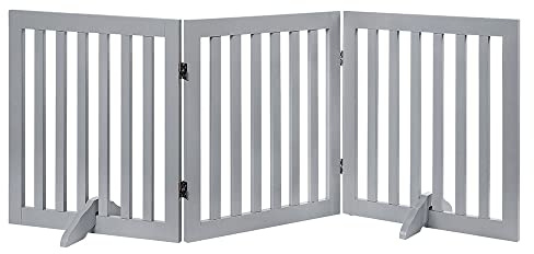 unipaws Freistehendes Absperrgitter Hund, Treppenschutzgitter ohne Bohren, Holz Kindergitter Klappbar，Türgitter Hunde Kaminschutzgitter mit Füßen, Grau (3 Elemente, 61 cm Hoch)