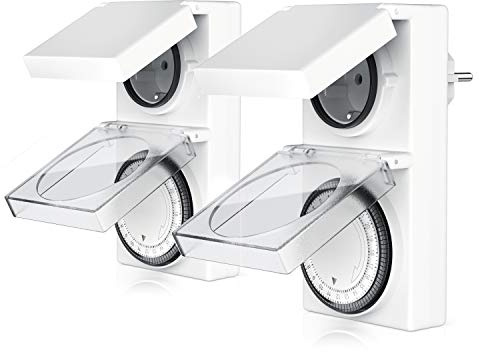 Bearware 2X Mechanische Zeitschaltuhr für den Außenbereich - 96 Schaltsegmente - Schieberegler für Zeitangabe - 3680W - IP 44 Schutzart Outdoor - spritzwassergeschützt - weiß