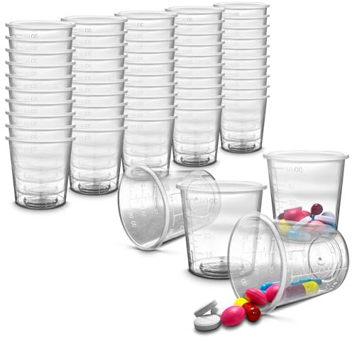 50 Pack - RE-GEN 60ml Graduated Clear Reusable Measuring Cups Pots Container Beaker Tubs - Ideal for Medicine, Kitchen Cooking, Catering, Medical Lab, Home