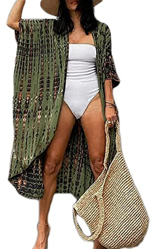 HYUET Copricostume da Bagno Donna Mare, Elegante Kimono Lungo Tie Dye Donna Estivo Abito da Spiaggia Bikini Cover Up Cardigan Maniche Lungo Vestito Boho Kaftan Tunica Top per Vacanza