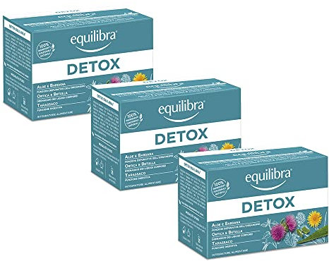 Equilibra Integratori Alimentari Tisane, Tisana Detox, 100% Ingredienti Funzionali, Drenante, con Aloe Vera, Ortica, Bardana, Betulla e Tarassaco, Materiali 100% Riciclabili, 3 Pezzi da 15 Filtri