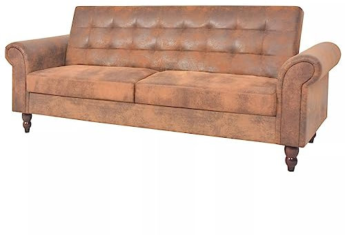 Homgoday Divano Letto 2 Posti Chesterfield in Finta Pelle Scamosciata Marrone, Struttura in Legno, 3 Posizioni Reclinabili, Facile da Montare, 196x58-97x82-59 cm