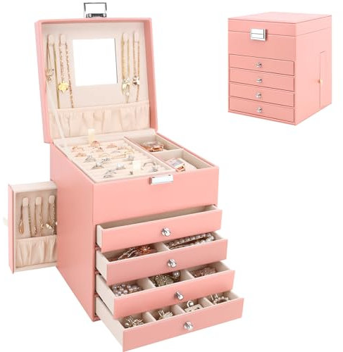 Jewellery Box Organiser with 6 Drawers and Mirror, Large PU Jewelry Organiser Display Case with Side Drawers, 5 Layers Jewellery Box for Rings Earrings Bracelets Necklaces, Pink