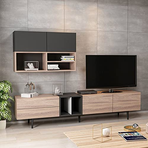 Parete attrezzata con ante e vani colore rovere e antracite 195 cm - Diany
