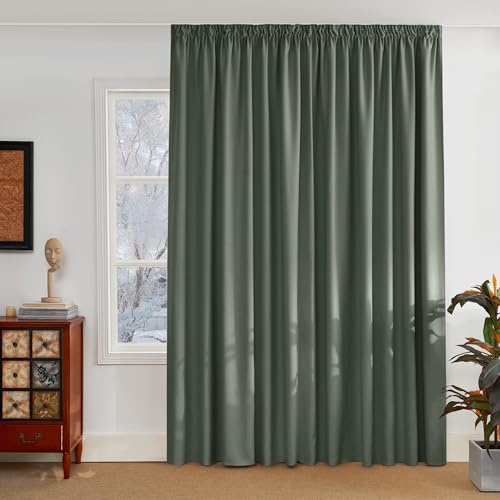 PONY DANCE Curtains with Ruffle Tape for Living Room Large Windows, 1 Piece H 245 x W 300 cm Opaque Heat Insulation Blackout Grey Green
