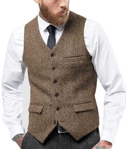 Tuikayoo Herren Fischgräten Tweed Anzug Vintage Weste Wolle schlanke Passform Abschlussball Weste（Braun，M）