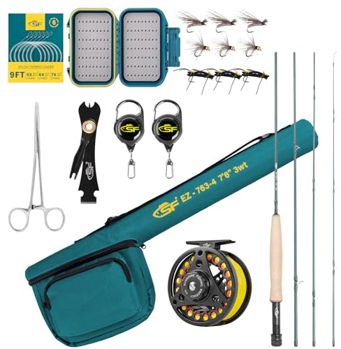 SF Fliegenruten-Kombi-Starter-Set, 4-teilig, 3WT,7.6FT, Smaragdgrün, 24 Zähne, Karbonfaser, Forellen-Fliegenrute mit Rolle, Rutenetui, Fliegenbox mit Fliegen, konisches Vorfach, Knotenbindewerkzeuge