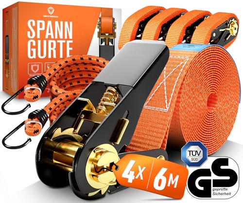 MEISTERBAU - [TÜV geprüft] Spanngurte mit Ratsche [+ 2 Spanngummis] - 1000kg Kapazität - 6m lang und 2,5cm breit 4 Stück - zertifizierte Ratschengurte - Stabile & Wetterfeste Zurrgurte mit Ratsche