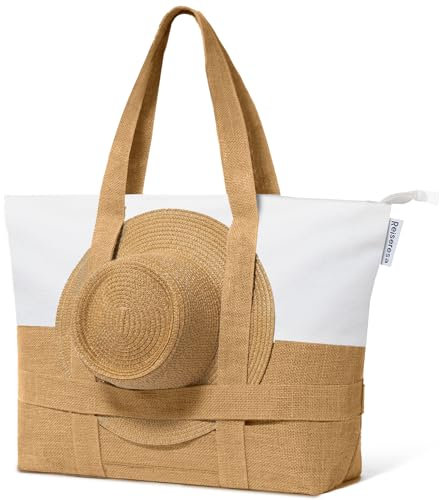 Reiseresa Strandtasche Damen Groß mit Reißverschluss XXL Badetasche Saunatasche Reisetasche Shopper für Strand Reisen Einkaufen Sport u.Arbeit, Strobeige (Leinen)