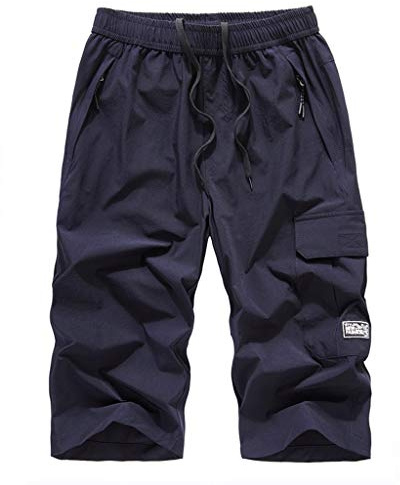 VYLYNL Långa badshorts män – 3/4 längd strandshorts lätt last combat kort snabbtorkande andningsbar plusstorlek lös passform sommar sport kort för gym träning löpning promenader vandring, Mörkblått,