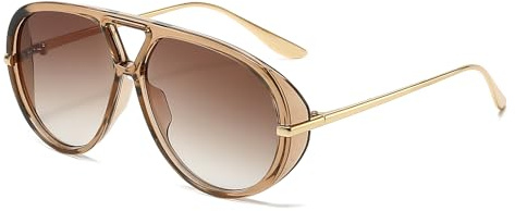 YAMEIZE Piloto Gafas de Sol Retro Oversized para Mujeres y Hombres Redondo Piloto 70 años Puente Doble Marco Grande Gafas Protección UV400 (Champagno marrón)