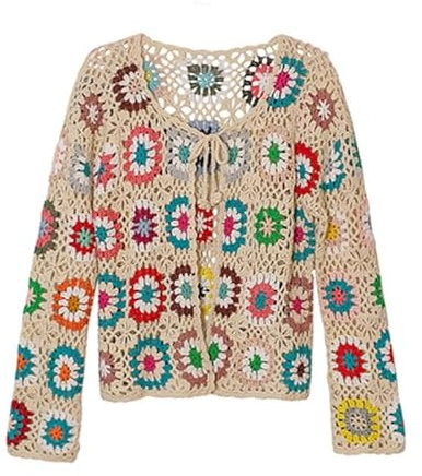 LIUYUYOUGO Cardigan Donna Elegante Cardigan Vintage all'Uncinetto da Donna Lavorato A Mano con Motivo Granny Square Bolero Traforato Annodato Davanti Top Corto Boho Giacca Leggera Estiva Maglione in