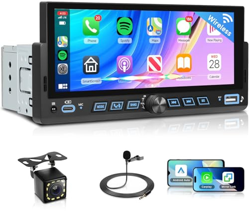 VECHTEL Autoradio 6,86 pouces 1 Din avec Carplay Android Auto sans fil, radio Bluetooth FM avec écran tactile IPS, Mirror Ink,égaliseur,WiFi Navi GPS,USB/Type-C,autoradio avec écran/commande au volant