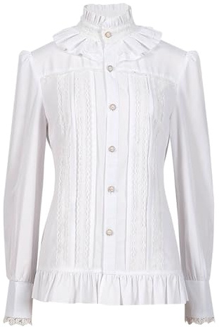Camisa medieval para mujer, manga larga, camisa victoriana para mujer, cuello plisado con volantes, estilo vintage, corte delgado, informal, color sólido, renacentista, gótico, patio, cosplay