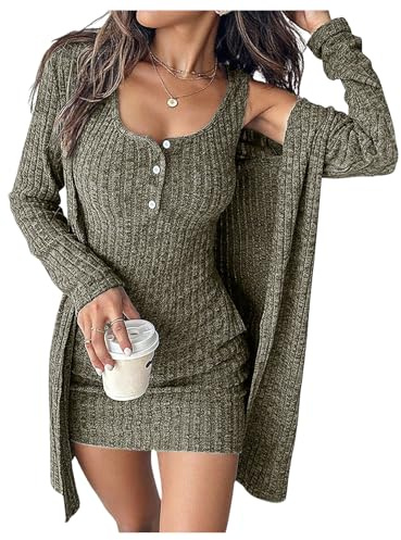SOLY HUX Women's 2 Piece Sweater Dress Set Knit Long Sleeve Open Front Cardigan and Bodycon Mini Dress Fall Outfit Pure Army Green Medium