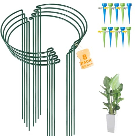 8 Piezas Tutores Pplantas Metal Semicircular, Soporte Plantas Exterior, Apoyo Plantación Tomates con 10 Dispositivos de Riego Ajustables, para Plantas en Maceta, Tomates, Rosas, Peonías (20x35cm)