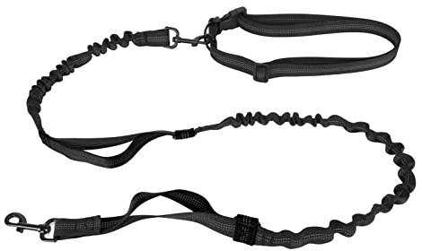 WAHEWUD Laisse pour Chien, Laisse élastique Robuste avec 2 poignées rembourrées, Boucle en Alliage à 360 degrés, Bande réfléchissante Extensible réglable Absorbant Les Chocs, (Black)