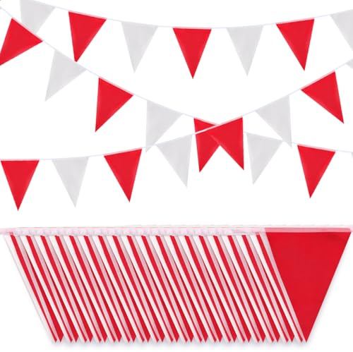 Bandierine impermeabili da 20 m, 52 pezzi, in tessuto di poliestere, riutilizzabili, striscioni triangolari rossi e bianchi per decorazioni per feste