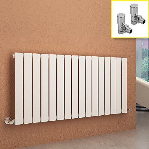 ELEGANT 600 x 1216 mm White Radiators Horizontal Single Flat Panel Designer Radiator with Angled Radiator Valves