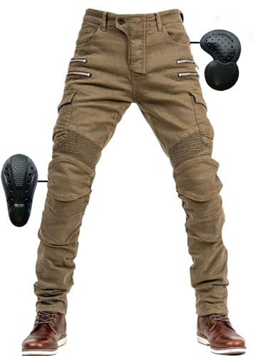 SHUOJIA Pantalon de Moto en Denim pour Homme, Jean Droit Antichute avec 4 Types D'équipement de Protection, Pantalon de Protection de Moto (Khaki,XXL)