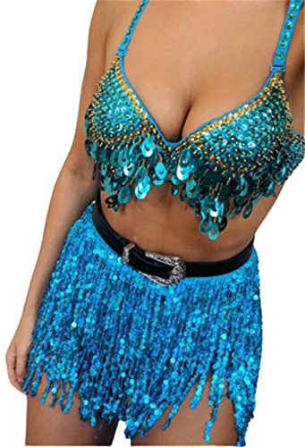Yienate Costume de danse du ventre sexy pour femme à franges à paillettes jupe de hanche pompon écharpe scintillante Wrap Rave Costume