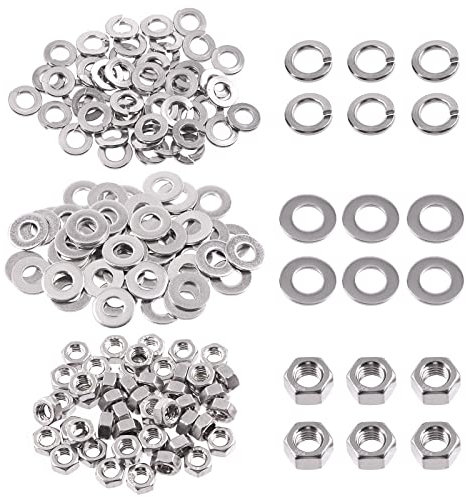 Swpeet 150pcs SAE 304 en acier inoxydable 1/4-20 écrou hexagonal et 1/4 Rondelle plate avec 1/4 Ouverture rondelle de verrouillage Kit combiné, écrou hexagonal à filetage grossier
