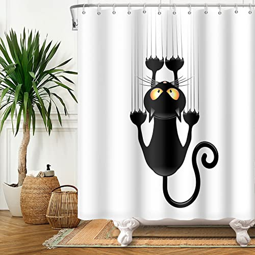 SDOTPMT 105x160cm Negro Gato con Agudo Patas Cortina de la Ducha Lindo Gracioso Gato Gatito Cortina de baño Blanco Fondo Cortina de bañera Tela Poliéster para Baño con Ganchos