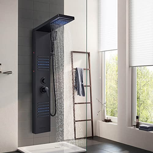 Columna de Hidromasaje LED Negra Columna Ducha Acero Inoxidable,Sistema de Ducha 4 funciones Set Ducha de Baño,Panel de Ducha TVTIUO