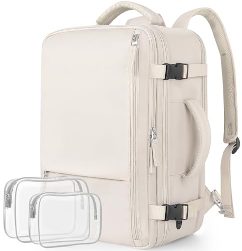 Snoffic Reseryggsäck, handbagage för män, kvinnor, flygresor, ryggsäck för 17,3 tums bärbar dator, BEIgE, 16.53 x 11.41 x 7.87 inches(L x W x D)