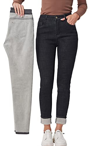 Fakanhui Jeans termici invernali foderati in pile da donna indossano Jeggings Denim Skinny Pantaloni Leggings, Chiusura lampo Black08, L