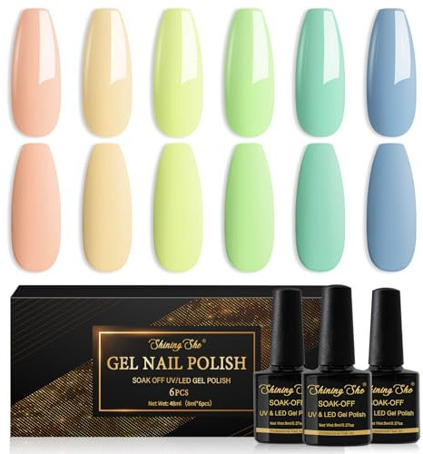 Shining She UV Nagellack,6 Farben Pastell Orange Gelb Grün Blau Matt Gel Nagellack,Gellack Soak-Off UV Schellack nagellack Set Farbgel für Gelnägel für Anfänger DIY Nailart,8ml