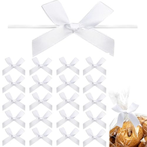 Moguri 20pcs kleine Schleifen,Mini Schleifen aus vorgebundenem Satinband,Schleifen zum Binden für Leckerli Tüten,vorgefertigte Schleifen für Geschenk DIY Keks Bonbontüten