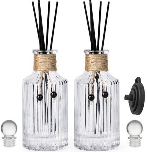 Reed Diffuser Bottle Set of 2 Glass Diffuser Bottles 8oz/250ml Empty Glass Diffuser Bottles with Stoppers and Reed Sticks Clear Decorative Bottle Set Bulk Reusable Perfume Jar