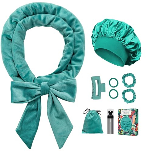 Gwabee No Heat Overnight Curl Headband, 70 Soft Ribbon Wrap for Long Hair, 9 PCS Hair Curling Rods Set - Blue Green