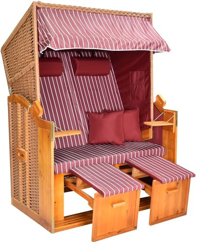 Lili Home&Garden Strandkorb Ostsee Baltic| Fertig montiert| Volllieger| 2 Sitzer| Burgund| Inklusive Schutzhülle| 120cm| Strandstuhl, Strandkorb| Für Garten, Terasse (Dessin WEIßE NADELSTREIFEN)