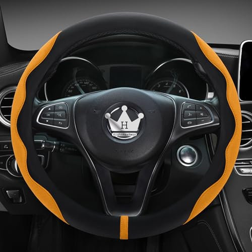 HighnessHwoo Luxury Alcantara Steering Wheel Cover for Cars, Soft Leather Padded Wheels Cover for Sedan, Suv, Auto Interior Accessories, Thin Car Handle Cover, Universal Fit,Anti Slip, 37-38cm, Orange