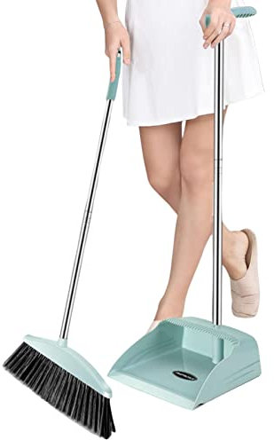 Ensemble Balai et Pelle à poussière à Long Manche et Brosse, Pelle à poussière Domestique avec Double grattoir, Dents Verticales et légères, Combo de Nettoyage pour la Maison, la Cuisine, Les Bureaux