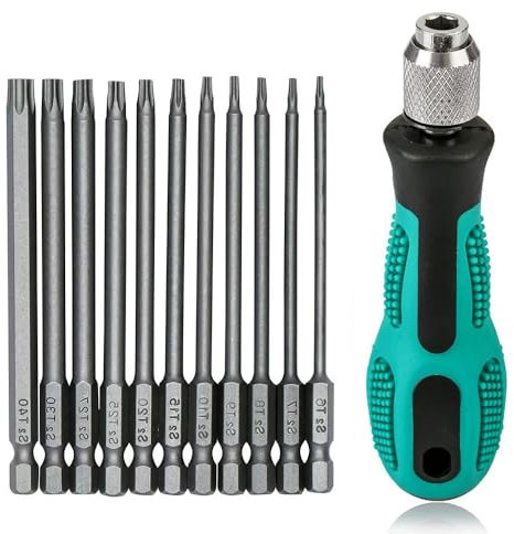 12 Stück Torx Schraubendreher Set T6-T40, 1/4 Magnetischer Torx Set mit Loch S2 Stahl Sechskant Elektrische Schraubendreher Bit Satz für Akkuschrauber T20 T25 Schraubendrehersatz, 75mm Länge