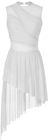 Miutii Robe de patinage artistique pour femme - Sans manches - Paillettes - Avec jupe asymétrique - Robe de danse lyrique moderne et contemporaine, Blanc., S