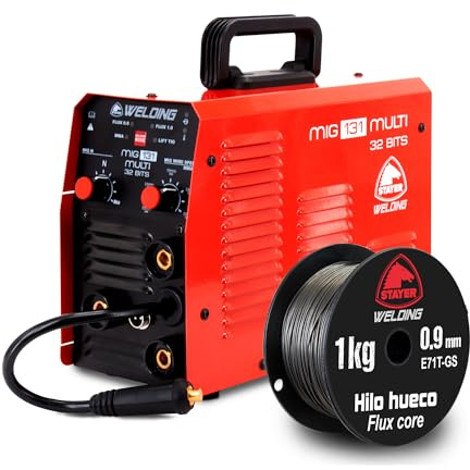 Stayer - Soldador Inverter MIG 131 + Bobina de hilo hueco de 1Kg | Multi – 3 en 1 MIG/TIG/MMA | Sin Gas Flux Core | Compacto, Ligero y Fácil de Usar | Ideal para Exteriores