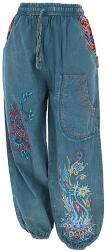 GURU SHOP Weite Pluderhose mit Breitem Bund, Blumenstickerei - Jeansblau, Damen, Baumwolle, Size:S